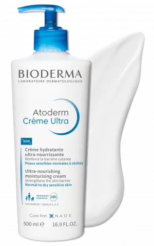 Recipiente de 500ml de Atoderm Crema ULTRA de Bioderma con muestra de textura y color